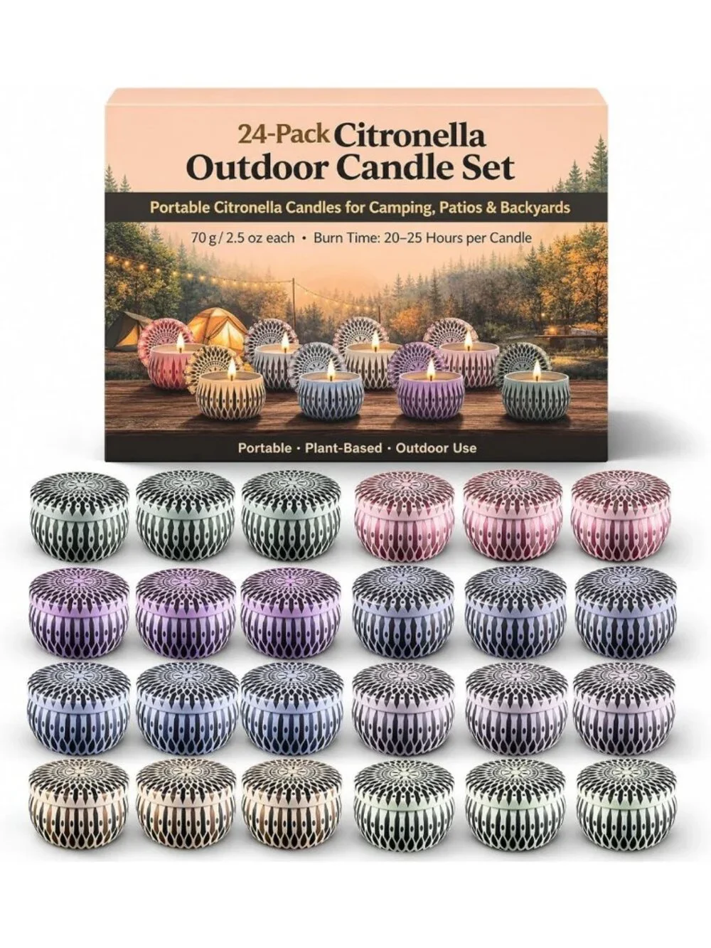 24 Pack Citronella Candles - Soy Wax Tins for Outdoor, Patio, BBQ & Camping